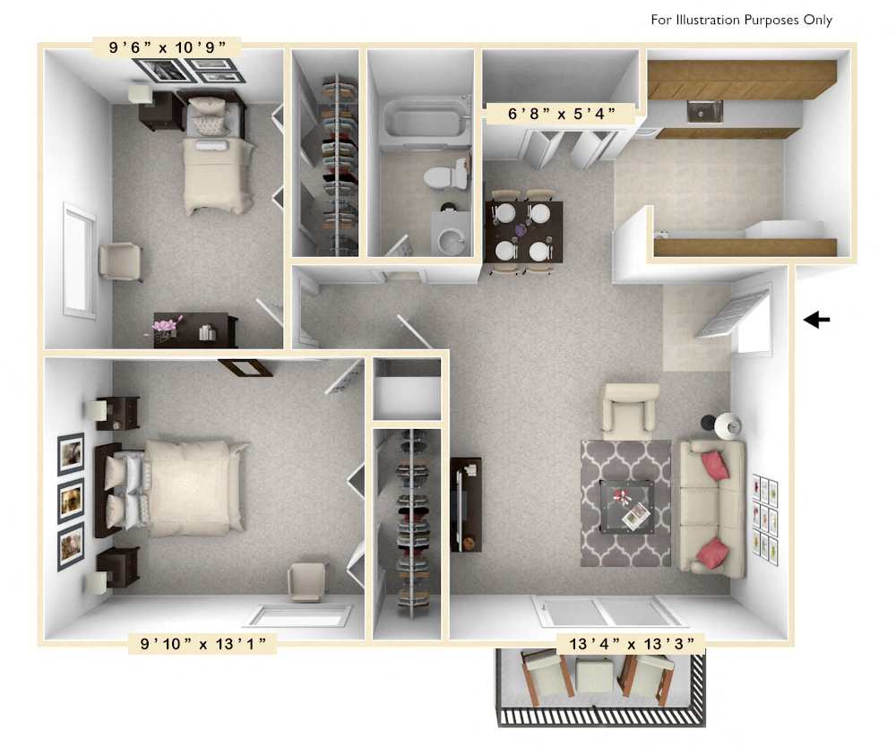 Floor plan for 2 beds, 1 bath, 698 sqft